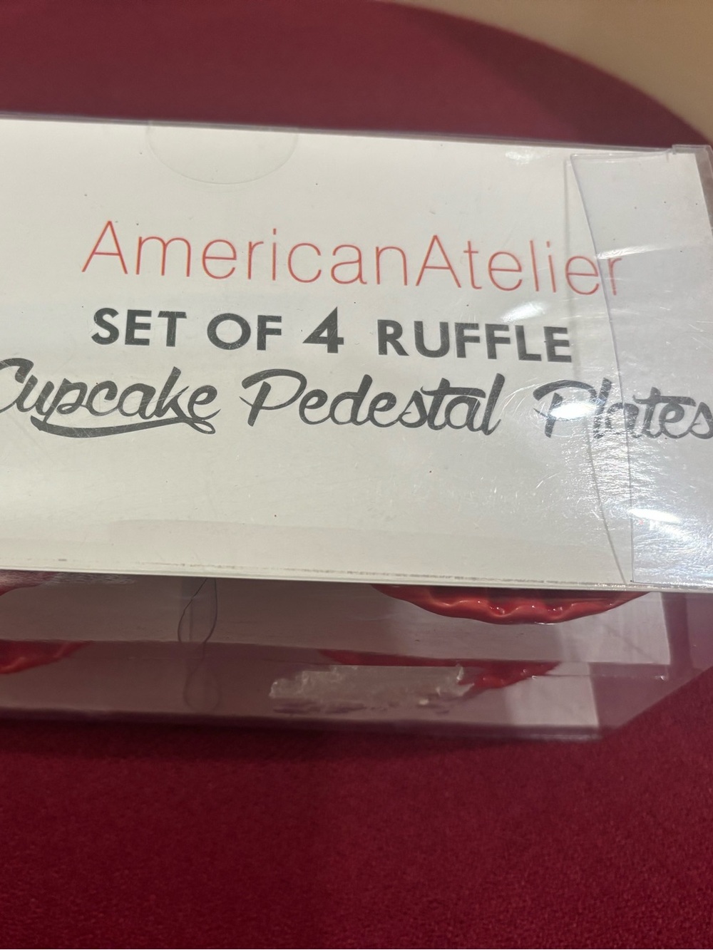 American Atelier Set of 4 Red Ruffle  Cupcake Pedestal Plates — New In Box.